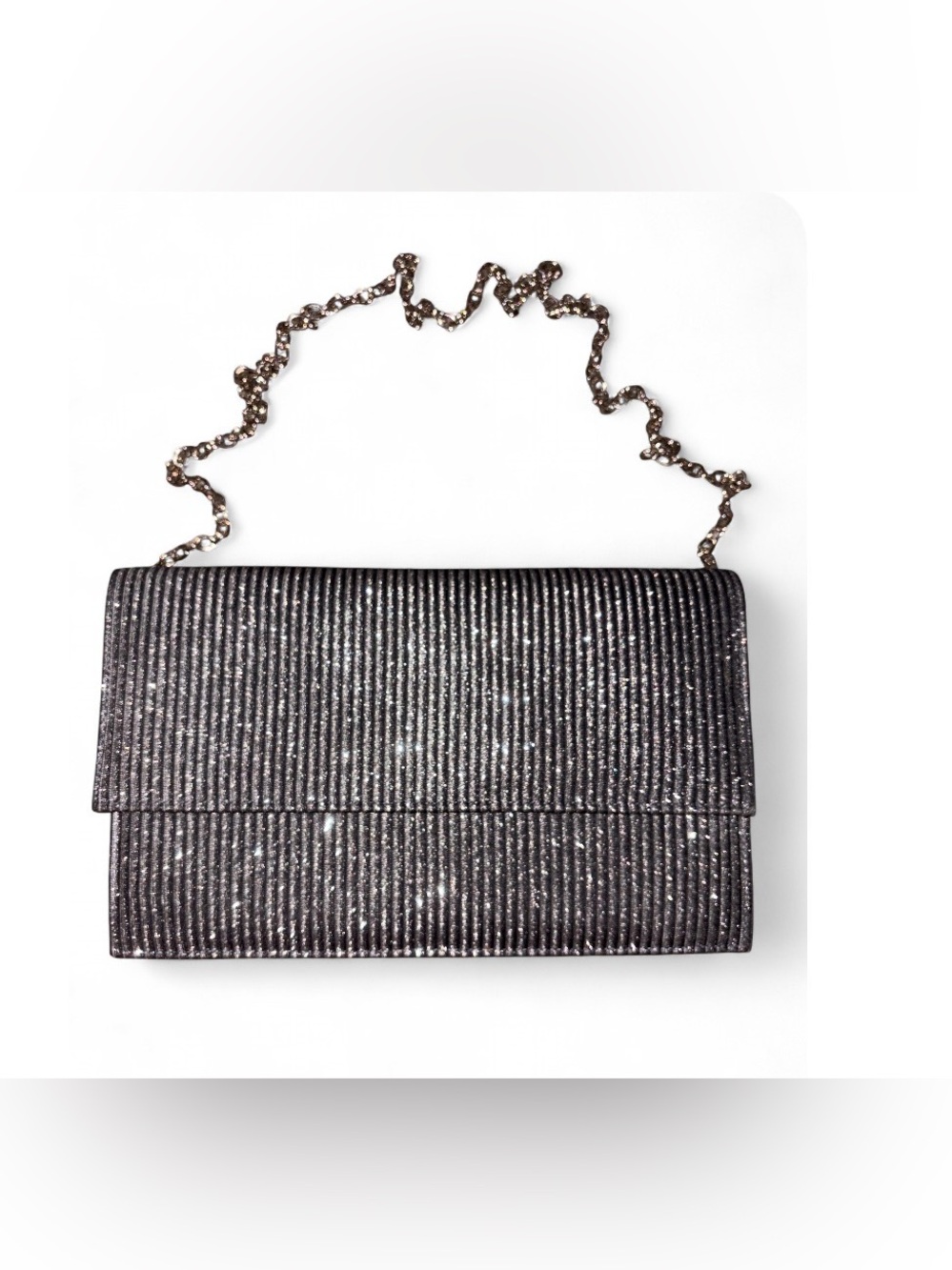 Sparkle Ribbed Evening Clutch with Chain Strap - Black